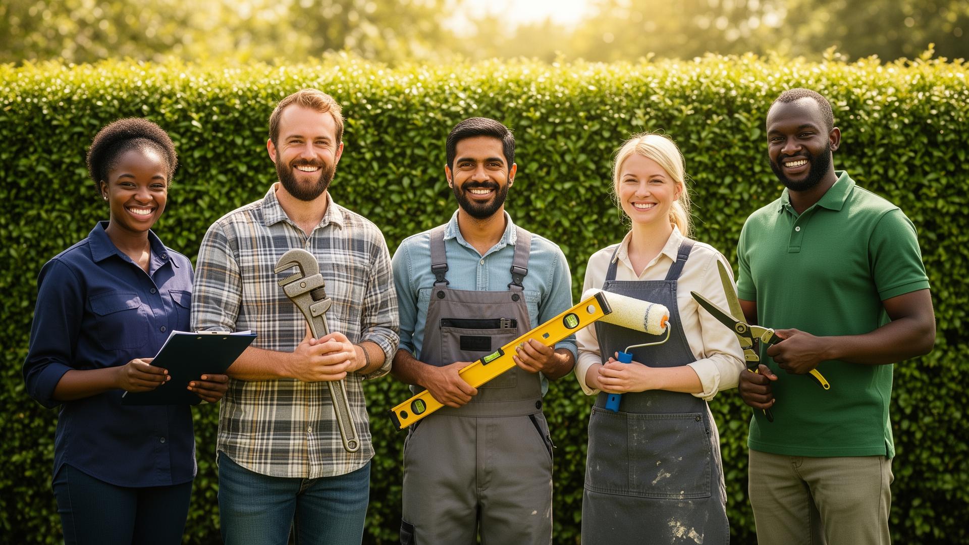 Five smiling local tradespeople holding their tools